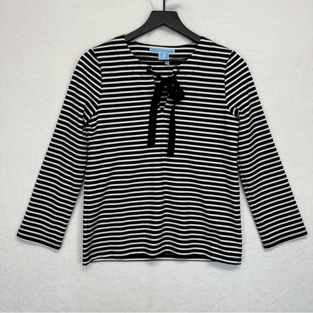 Draper James Top XS Black White Striped 3/4 Sleeve Classy Preppy Bow